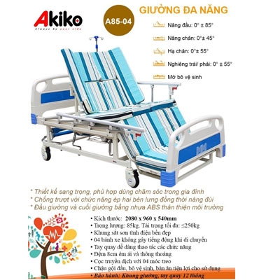 Giường bệnh nhân đa năng 4 tay quay Akiko A85-04 có bô vệ sinh, bàn ăn, chậu gội đầu