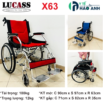 Xe lăn Lucass X63 khung hợp kim nhôm gấp gọn đệm xanh đỏ