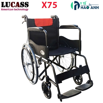 Xe lăn Lucass X75 phiên bản mới, có phanh tay, đệm vải đen pha cam