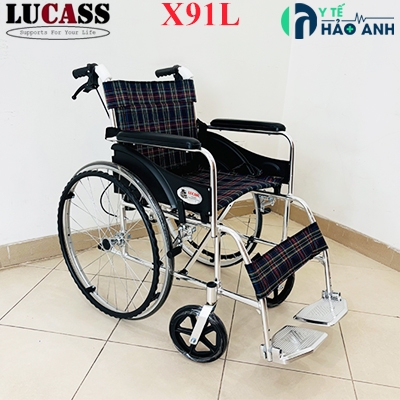 Xe lăn Lucass X91L khung hợp kim nhôm, bánh nan hoa Xe lăn Lucass X91L bánh nan hoa vải kẻ chính hãng