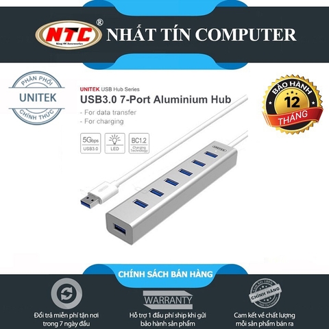 Bộ chia 7 cổng USB 3.0 Unitek Y-3090 tích hợp chức năng hub sạc (Đen) - Hãng phân phối chính thức