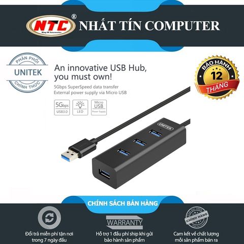Hub chia USB 4 cổng chuẩn 3.0 Unitek Y-3089 tích hơp chức năng sạc - Hỗ trợ truyền data lên đến 5Gbps (Đen) - Hãng phân phối chính thức