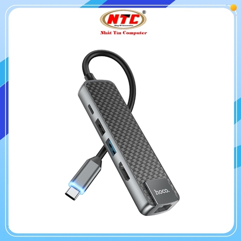 Bộ chia cổng Hoco HB23 Easy View Type-C ra HDMI + USB3.0 + USB2.0 + RJ45 + PD TypeC 60W (Xám)