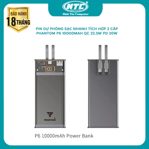 Pin dự phòng sạc nhanh trong suốt PHANTOM P6 10000mAh tích hợp 2 cáp sạc QC 22.5 và PD 20W (xám)