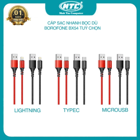 Cáp sạc nhanh BOROFONE BX54 tuỳ chọn 3 cổng sạc typeC / lightning / microUSB - bọc dù chống gập chống đứt (nhiều màu)