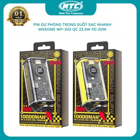 Pin dự phòng trong suốt WEKOME WP-333 10000mah nhỏ gọn sạc nhanh - PD 20W và QC 22.5W (màu ngẫu nhiên)