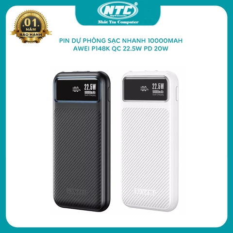 Pin dự phòng sạc nhanh Awei P148K 10000mAh màn hình LCD - hỗ trợ QC 22.5W và PD 20W (màu ngẫu nhiên)