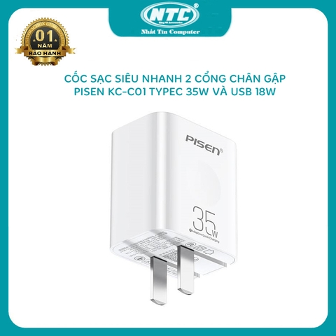 Cốc sạc siêu nhanh 2 cổng Pisen KC-C01 hỗ trợ QC/FCP/PD/BC1.2/Apple2.4A - typeC 35W và USB 18W (Trắng)