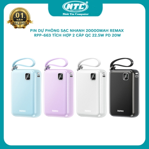 Pin dự phòng tráng sứ Remax RPP-663 20000mAh sạc nhanh QC 22.5W PD 20W - tích hợp 2 cáp typeC và LN (4 màu)