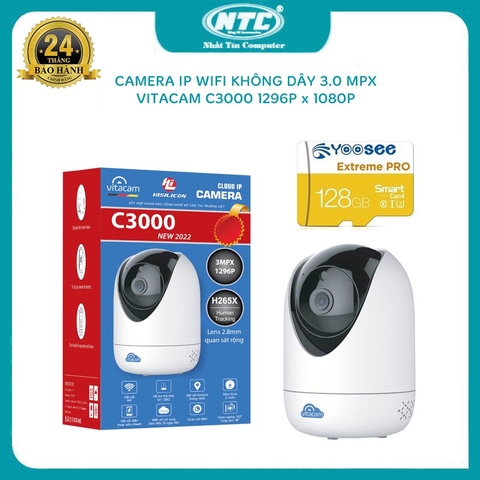 Camera IP wifi Vitacam C3000 3.0MPX FullHD+ phân giải 1296P x 1080 - đàm thoại 2 chiều, quan sát cực rộng, xoay 360 độ (Trắng)