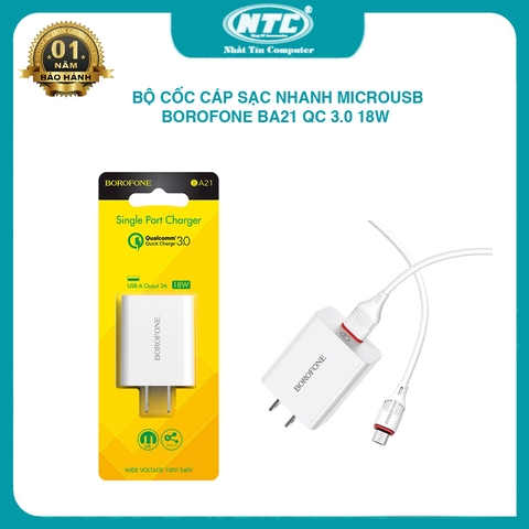 Bộ cốc cáp sạc nhanh Borofone BA21 microUSB hỗ trợ QC 3.0 công suất 18W (Trắng)