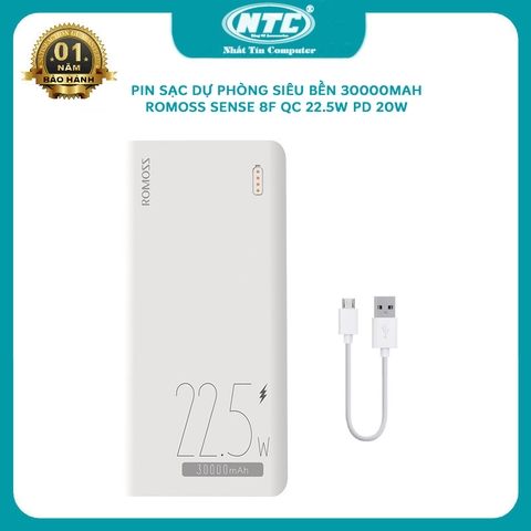 Pin dự phòng sạc nhanh 30000mAh Romoss Sense 8F hỗ trợ QC 22.5W và PD 20W (trắng) nhất tín computer