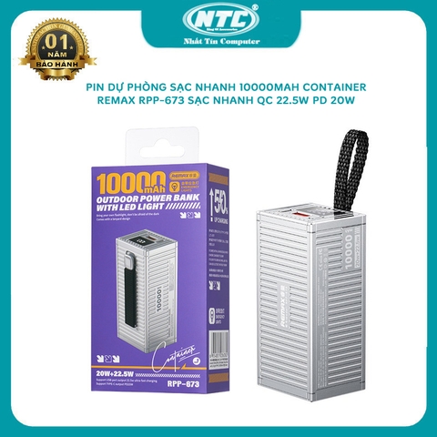 Pin dự phòng 10000mah Remax RPP-673 Container, sạc nhanh, quai đeo, đèn pin, màn hình LCD, hỗ trợ QC 22.5W và PD 20W (xám)