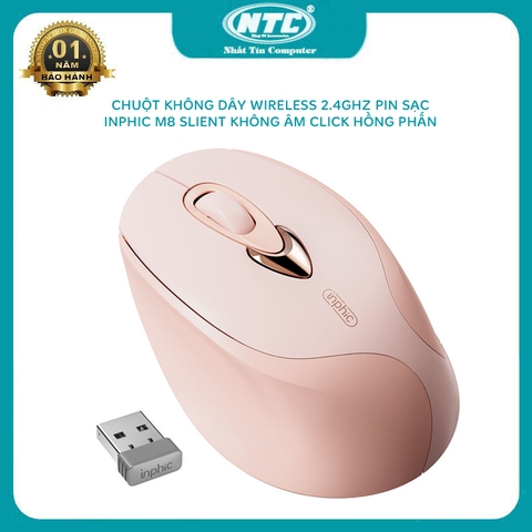 Chuột không dây pin sạc wireless INPHIC M8 hồng phấn silent không tiếng click - kèm ticker (hồng)