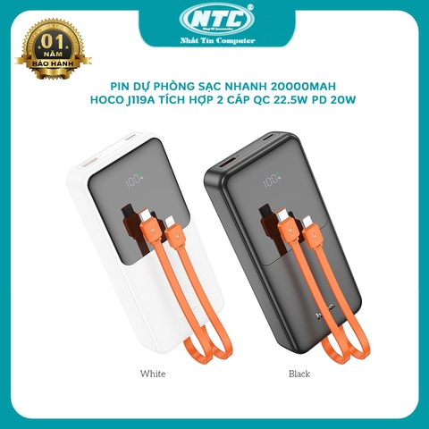 Pin dự phòng tích hợp 2 cáp sạc nhanh Hoco J119A 20000mAh QC 22.5 và PD 20W - màn hình LCD hiển thị (2 màu)