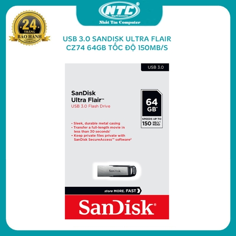 USB 3.0 SanDisk CZ73 Ultra Flair 64GB tốc độ 150Mb/s (Xám)