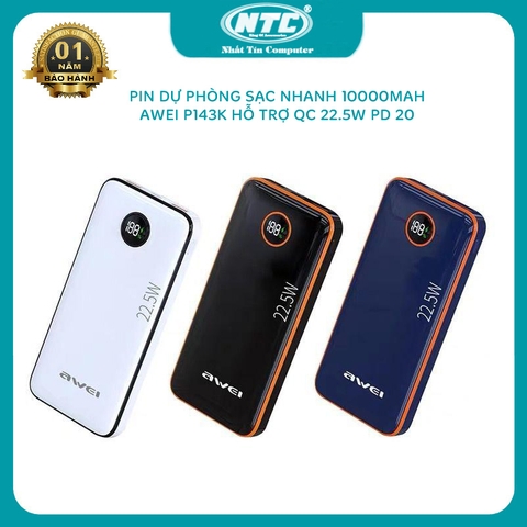 Pin dự phòng sạc nhanh Awei P143K 10000mAh nhựa bóng sang trọng - hỗ trợ QC 22.5W và PD 20W (Đen)