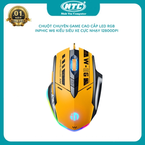 Chuột gaming cao cấp 6D INPHIC W6 DPI 12800 kiểu dáng siêu xe cực chất - slient không tiếng click (đen vàng)