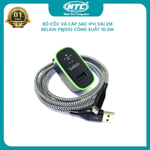 Bộ cốc và cáp sạc 1 cổng Belkin F8J052 max 10.5W dây iPH dài 2m bọc dù cực chắc - chuẩn MFI (không box) Nhất Tín Computer