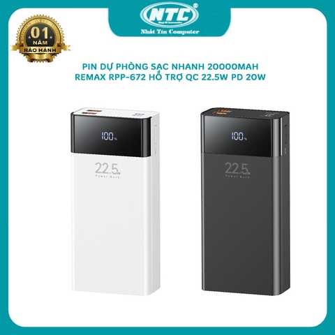 Pin dự phòng sạc nhanh Remax RPP-672 dung lượng 20000mAh bền và an toàn - QC 22.5W và PD 20W (2 màu)