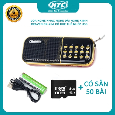 [KÈM THẺ KINH HOẶC KHÔNG THẺ] Loa đa năng Craven CR-25A có khe Thẻ nhớ/USB/FM - dung lượng pin 2200mah (Đen đỏ)