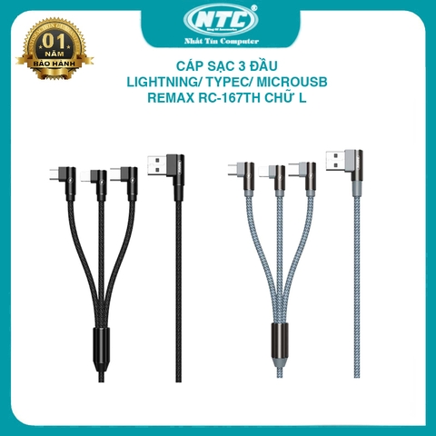 Cáp sạc 3 đầu chữ L Remax RC-167th cổng Lightning / TypeC / MicroUSB dài 1m max 2.4A - chống rối và chống gãy gập (nhiều màu)