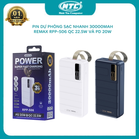 Pin dự phòng sạc nhanh Remax RPP-506 Noah Series 30000mAh an toàn đi máy bay - hỗ trợ QC 22.5W và PD 20W (màu ngẫu nhiên)