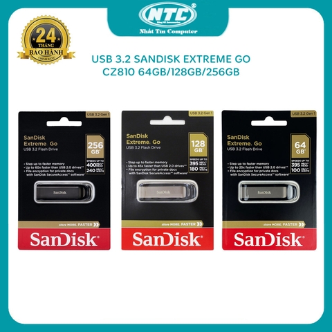 USB 3.2 SanDisk Extreme Go CZ810 dung lượng 64GB / 128GB / 256GB đọc 400MB/s ghi 240MB/s (Đen)