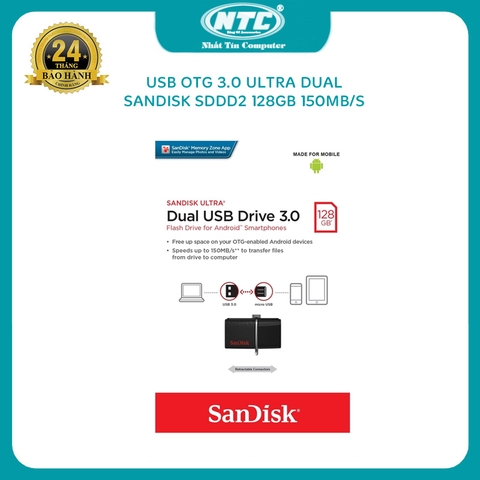 USB OTG Sandisk 3.0 Ultra Dual 128GB 150MB/s (Đen)