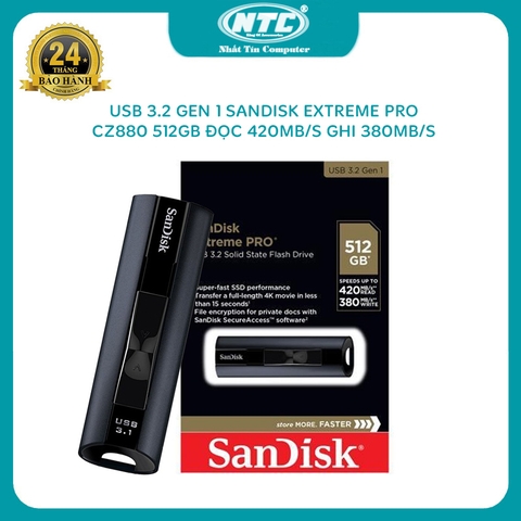 USB 3.2 SanDisk Extreme Pro CZ880 512GB đọc 420MB/s ghi 380MB/s (Đen)