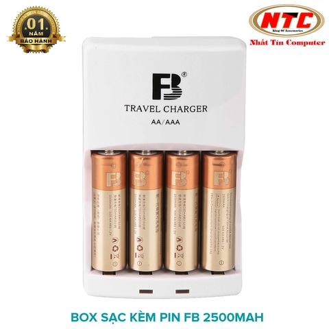 Bộ box sạc kèm 4 pin AA hiệu FB12 2500mAh hàng nội địa cực bền (nhiều màu)