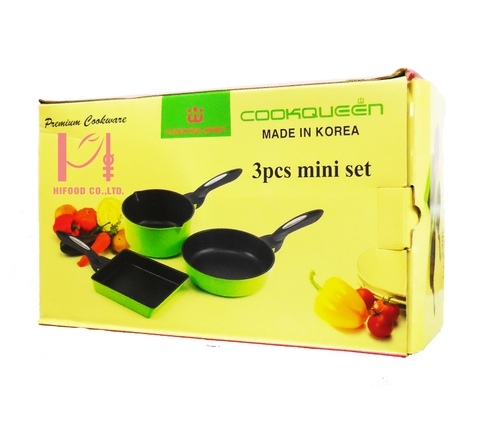 Bộ Chảo 18x15cm + Chảo Nông 20cm + Nồi 18cm Chống Dính Cookqueen Hàn Quốc (Xanh Lá)