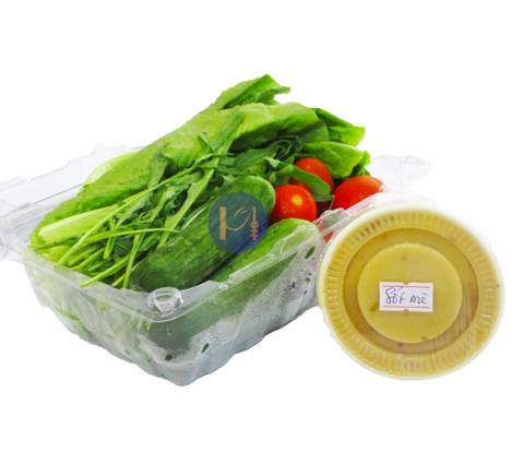 Salad rocket, xà lách, dưa leo & cà chua bi hữu cơ HIFOOD hộp 250g (kèm sốt mè / sốt chanh leo)