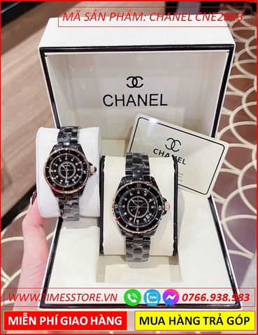 Đồng Hồ Cặp Đôi Chanel J12 Mặt Tròn Rose Gold Dây Ceramica Đen (34mm-38mm)