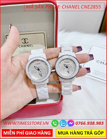 Đồng Hồ Cặp Đôi Chanel Mặt Trắng Hoa 3D Dây Ceramica Trắng (33mm-38mm)