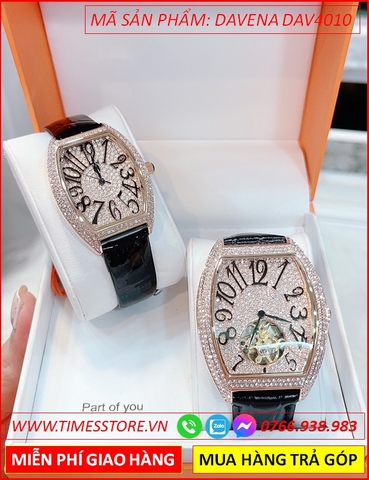 Đồng hồ Davena Cặp Đôi Mặt Oval Full Đá Swarovski Rose Gold (36mm-52mm)