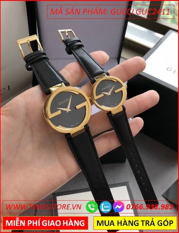 Đồng Hồ Cặp Đôi Gucci Interlocking Mặt Vàng Gold Dây Da (29mm-37mm)