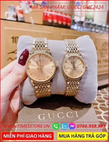 Đồng Hồ Cặp Đôi Gucci Timeless Mặt Tròn Dây Kim Loại Vàng Gold (30mm-38mm)