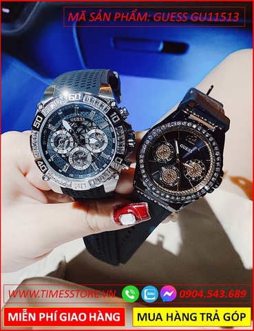 Đồng Hồ Cặp Đôi Guess Chronograph Đính Đá Dây Silicone (38mm-45mm)