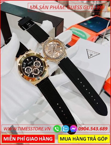 Đồng Hồ Cặp Đôi Guess Chronograph Vàng Gold Dây Đen (39mm-44mm)