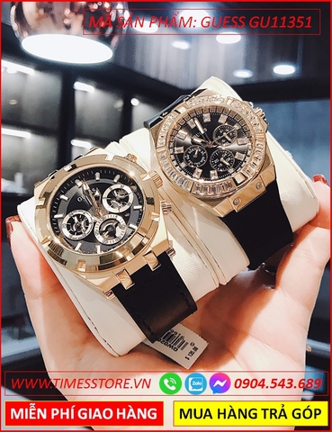 Đồng Hồ Cặp Đôi Guess Mặt Tròn Chronograph Vàng Gold Dây Đen (38mm-45mm)