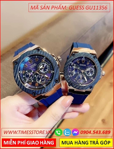 Đồng Hồ Cặp Đôi Guess Mặt Full Xanh Navy Vàng Gold Dây Cao Su Xanh (38mm-45mm)