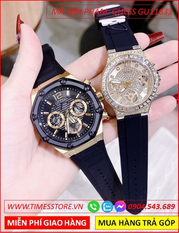 Đồng Hồ Cặp Đôi Guess Multifunction Vàng Gold Dây Silicone Đen (36mm-44mm)