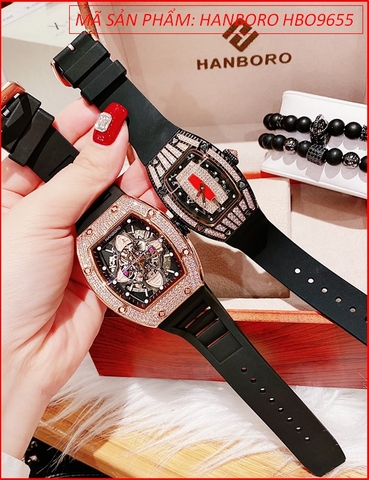 Đồng Hồ Cặp Đôi Hanboro Automatic Full Đá Swarovski Dây Silicone Đen (36mm-48mm)