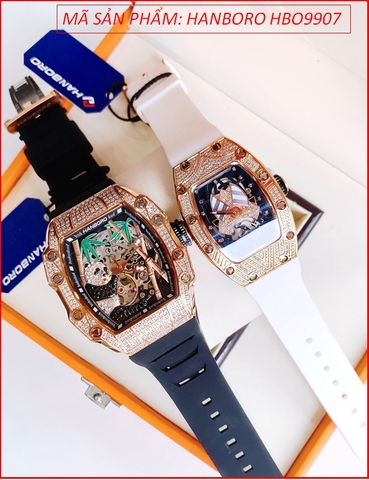 Đồng Hồ Cặp Đôi Hanboro Automatic Mặt Gấu Trúc Đính Đá Rose Gold (36mm-40x50mm)