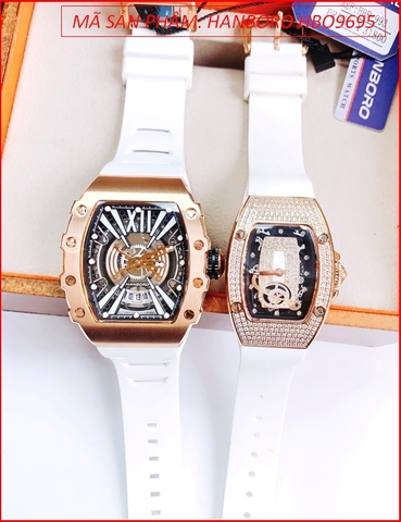 Đồng Hồ Cặp Đôi Hanboro Automatic Rose Gold Dây Silicone Trắng (36mm-43mm)