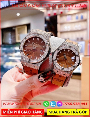 Đồng Hồ Cặp Đôi Hublot F1 Đính Đá Rose Gold Dây Da Nâu Bọc Silicone (34mm-41mm)