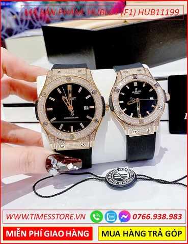 Đồng Hồ Cặp Đôi Hublot F1 Mặt Đính Đá Rose Gold Dây Silicone Đen (34mm-42mm)