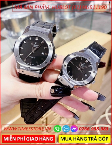 Đồng Hồ Cặp Đôi Hublot F1 Mặt Tròn Đen Dây Da (34mm-42mm)