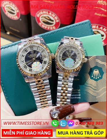 Đồng Hồ Cặp Đôi Rolex Date Just Mặt Đen Niềng Khía Dây Demi (32mm-38mm)